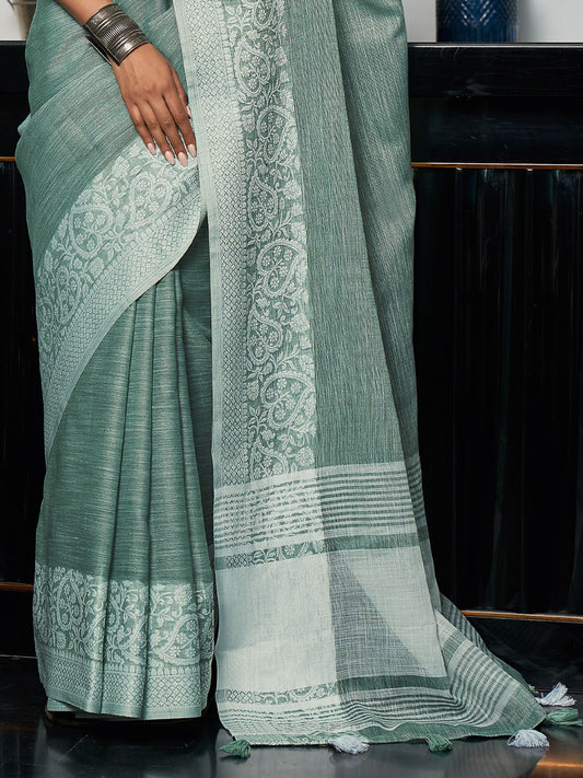 Sutriti Women Teal Green & Silver-Toned Woven Design Linen Blend Saree