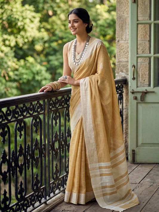 Sutriti Mustard Beige Linen Saree for Women Elegant Festive Ethnic PSofty Wear Saree