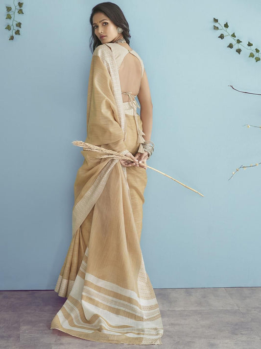 Sutriti Mustard Beige Linen Saree for Women Elegant Festive Ethnic PSofty Wear Saree