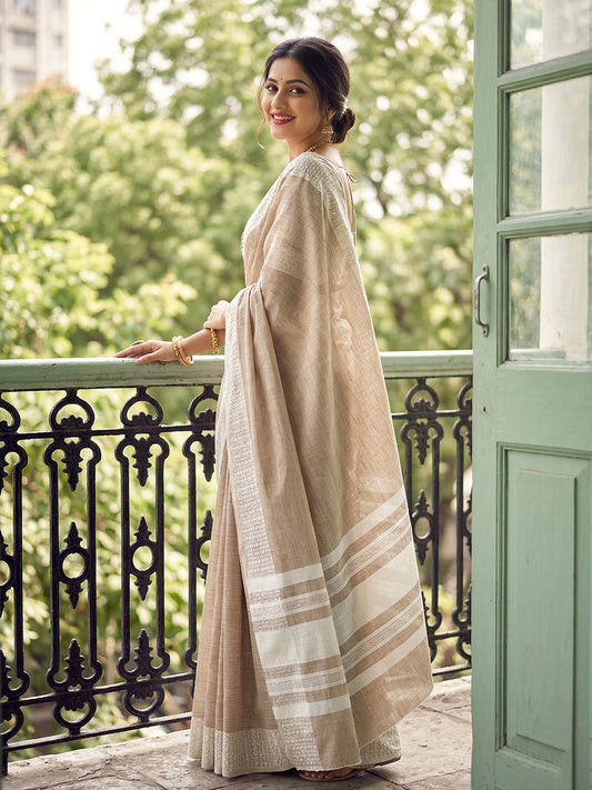 Sutriti Beige Linen Saree for Women Elegant Festive Wear Ethnic Wedding PSofty Saree
