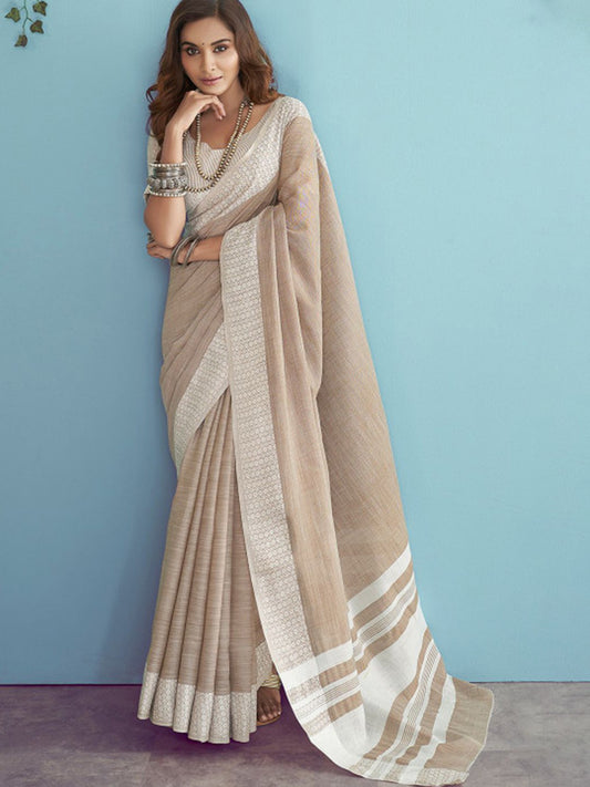 Sutriti Beige Linen Saree for Women Elegant Festive Wear Ethnic Wedding PSofty Saree