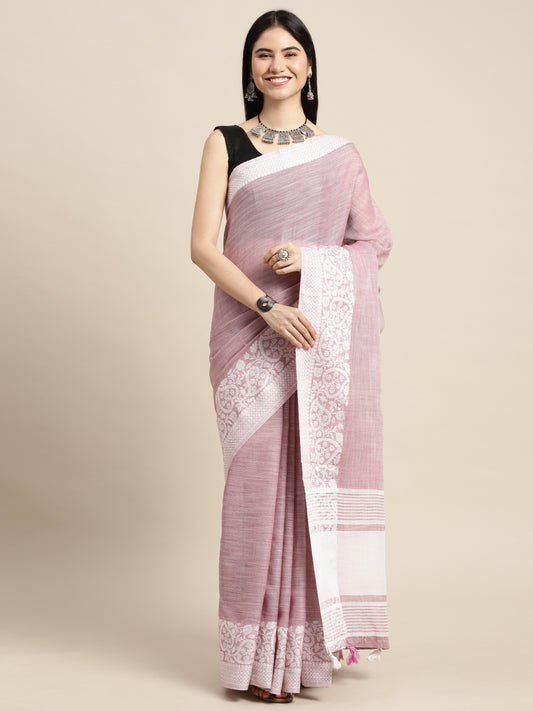 Sutriti Women Mauve Purple & Silver-Toned Woven Design Linen Blend Saree