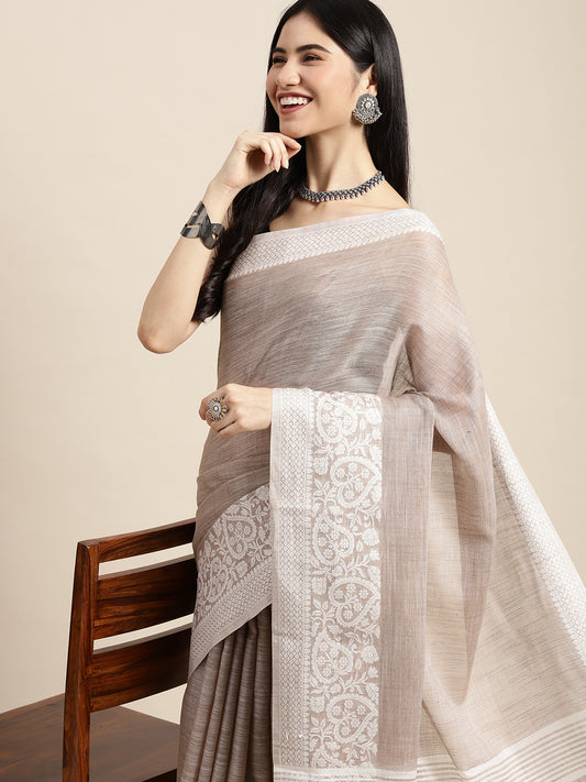 Sutriti Women Beige & Silver-Toned Woven Design Linen Blend Saree