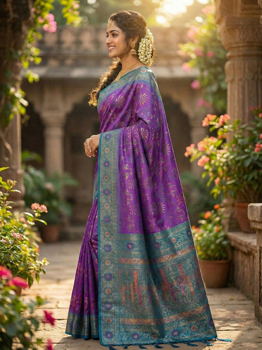 Sutriti Woven Banarasi Art Silk, Kanjivaram Silk Blend Saree Violet & Blue - Luxury Ethnic Party Wear
