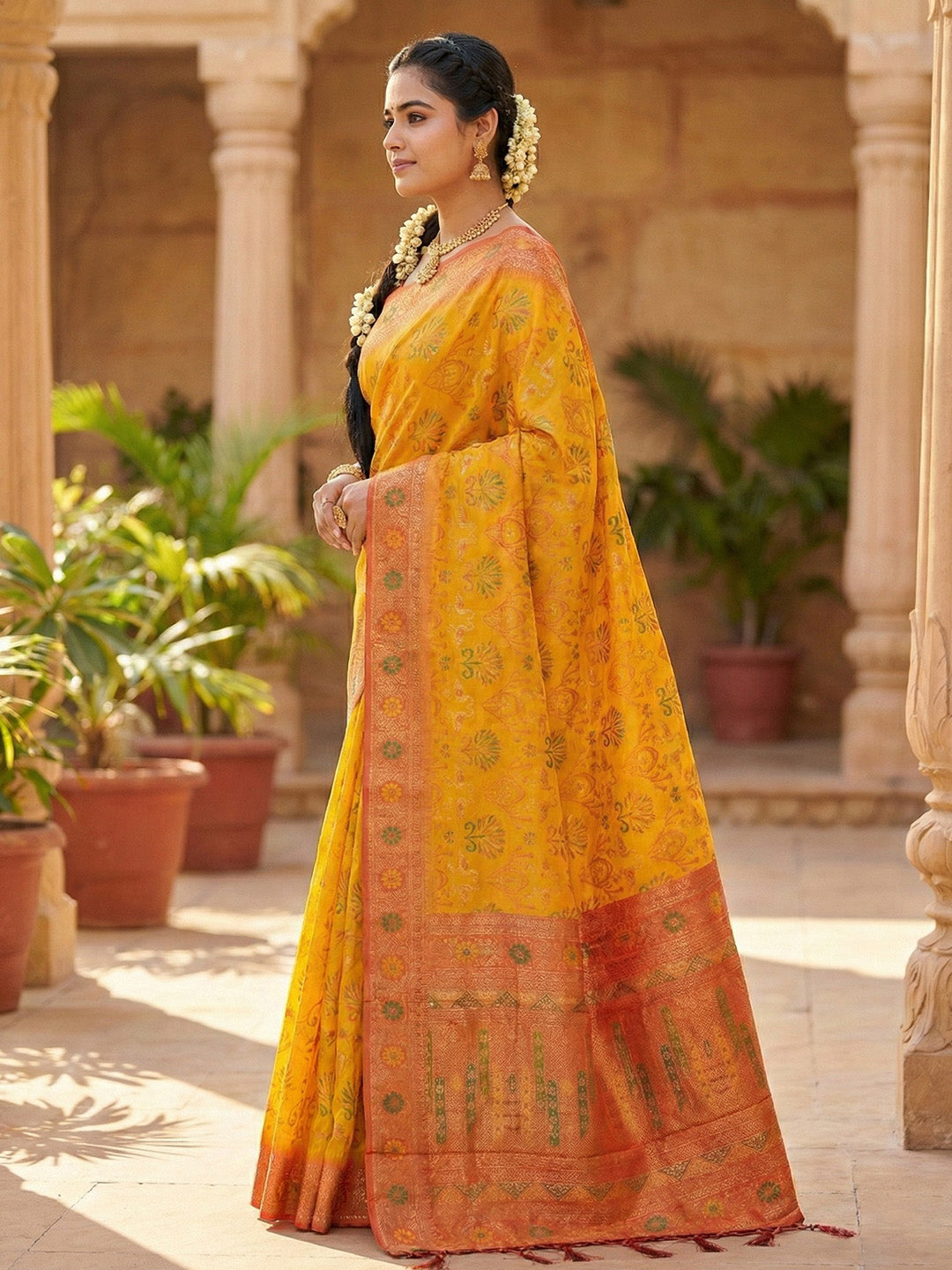 Sutriti Woven Banarasi Art Silk, Kanjivaram Silk Blend Saree Mustard & Orange - Vibrant Ethnic Wear