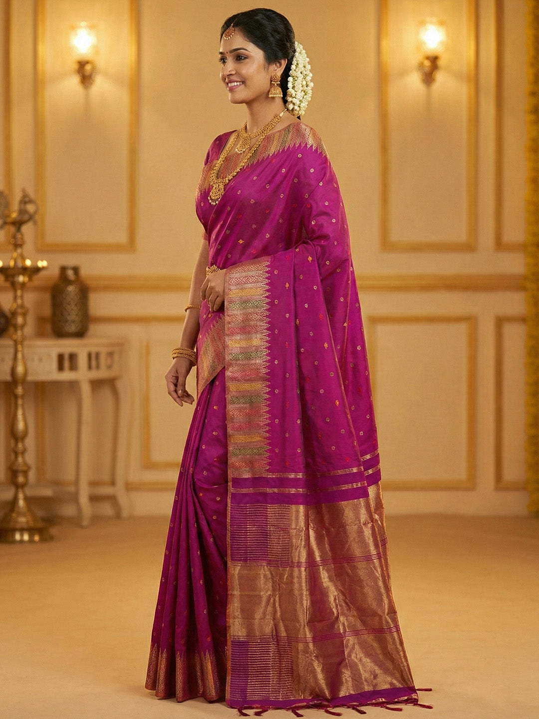 Sutriti Women’s Royal Magenta Soft Semi-Silk Saree with Heavy Zari Geometric Border | Traditional Kanjivaram Style Wedding Drape with Blouse Piece