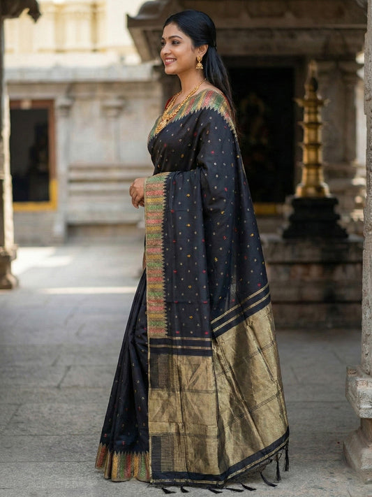 Sutriti Designer Midnight Black & Gold Woven Art Silk Saree | Modern Festive Wear with Multi-Color Border Accents & Blouse