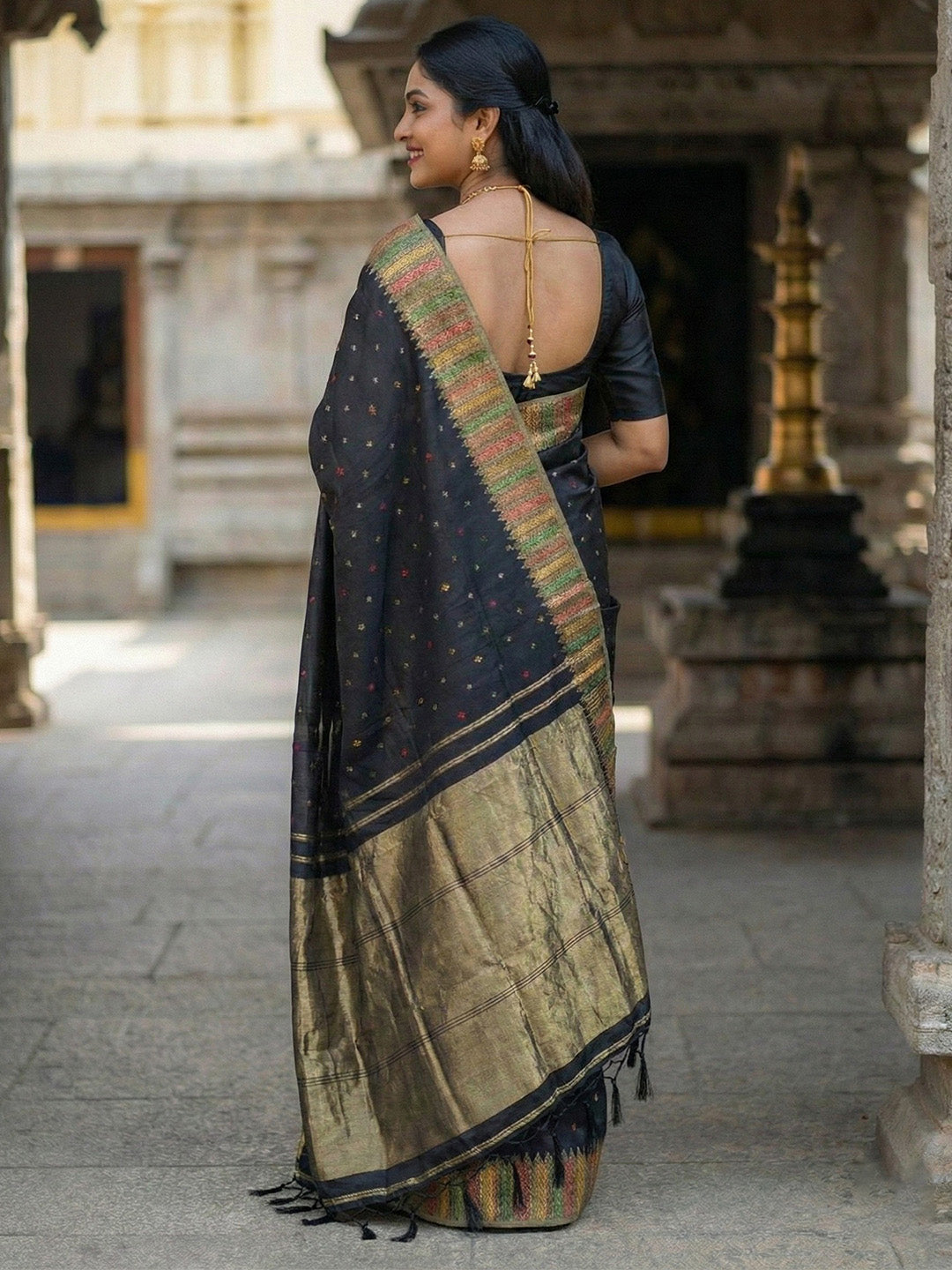 Sutriti Designer Midnight Black & Gold Woven Art Silk Saree | Modern Festive Wear with Multi-Color Border Accents & Blouse