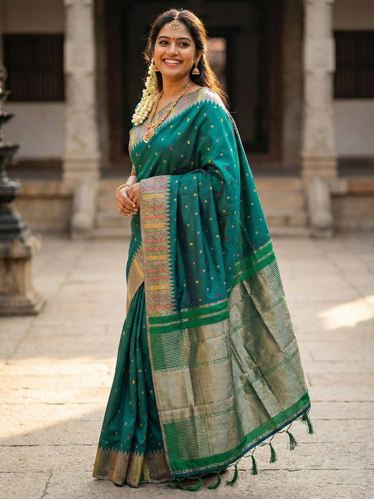 Sutriti Bottle Green Zari Woven Banarasi Style Semi-Silk Saree | Elegant Temple Wear with Rich Pallu & Blouse