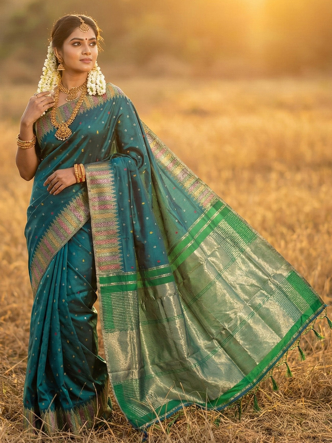 Sutriti Bottle Green Zari Woven Banarasi Style Semi-Silk Saree | Elegant Temple Wear with Rich Pallu & Blouse