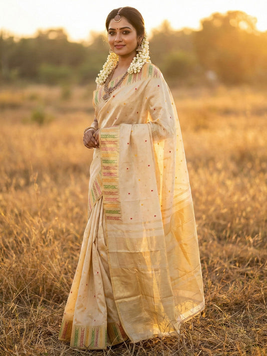 Sutriti Off-White Cream Kerala Style Soft Silk Saree with Gold Zari Border | Kasavu Inspired Festive Wear for Onam & Pooja