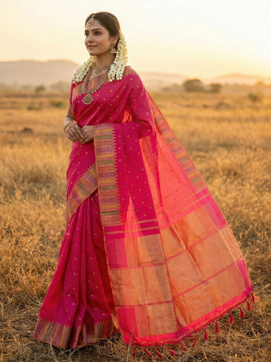 Sutriti Hot Rani Pink Bridal Style Soft Lichi Silk Saree | Heavy Zari Woven Border & Pallu for Wedding Guests