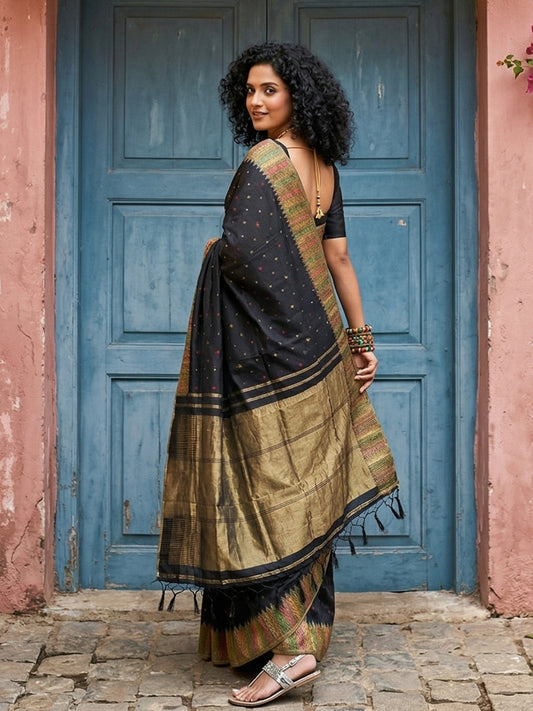 Sutriti Designer Midnight Black & Gold Woven Soft Silk Saree | Modern Festive Wear with Multi-Color Border Accents & Blouse