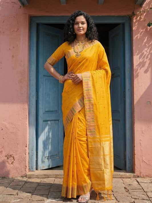 Sutriti Haldi Special Mustard Yellow Soft Silk Saree with Traditional Zari Border | Festive Indian Ethnic Wear for Weddings
