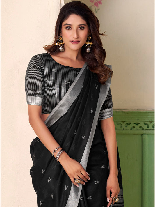 Sutriti Women Black Woven Design Linen Saree with Silver Zari