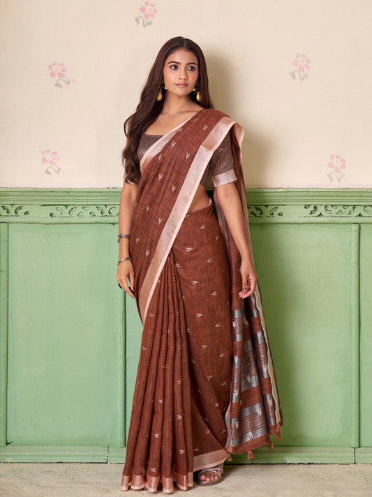 Sutriti Women Coffee Brown Woven Design Linen Saree with Silver Zari