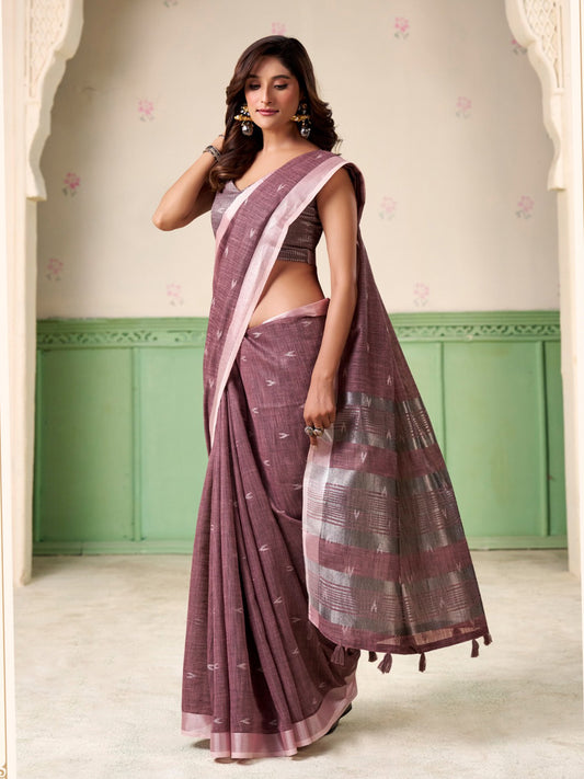 Sutriti Women Mauve Blue Woven Design Linen Saree with Silver Zari