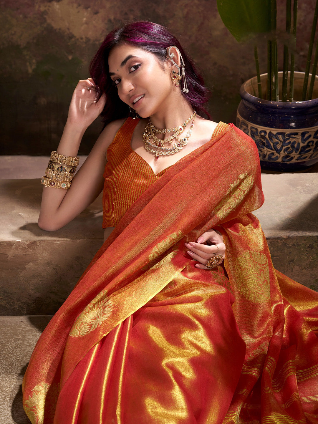 Sutriti Women Rust Orange Woven Tissue Silk Saree with Mandala Motifs