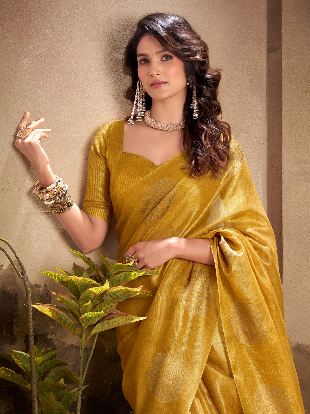 Sutriti Women Mustard Yellow Woven Tissue Silk Saree with Mandala Motifs