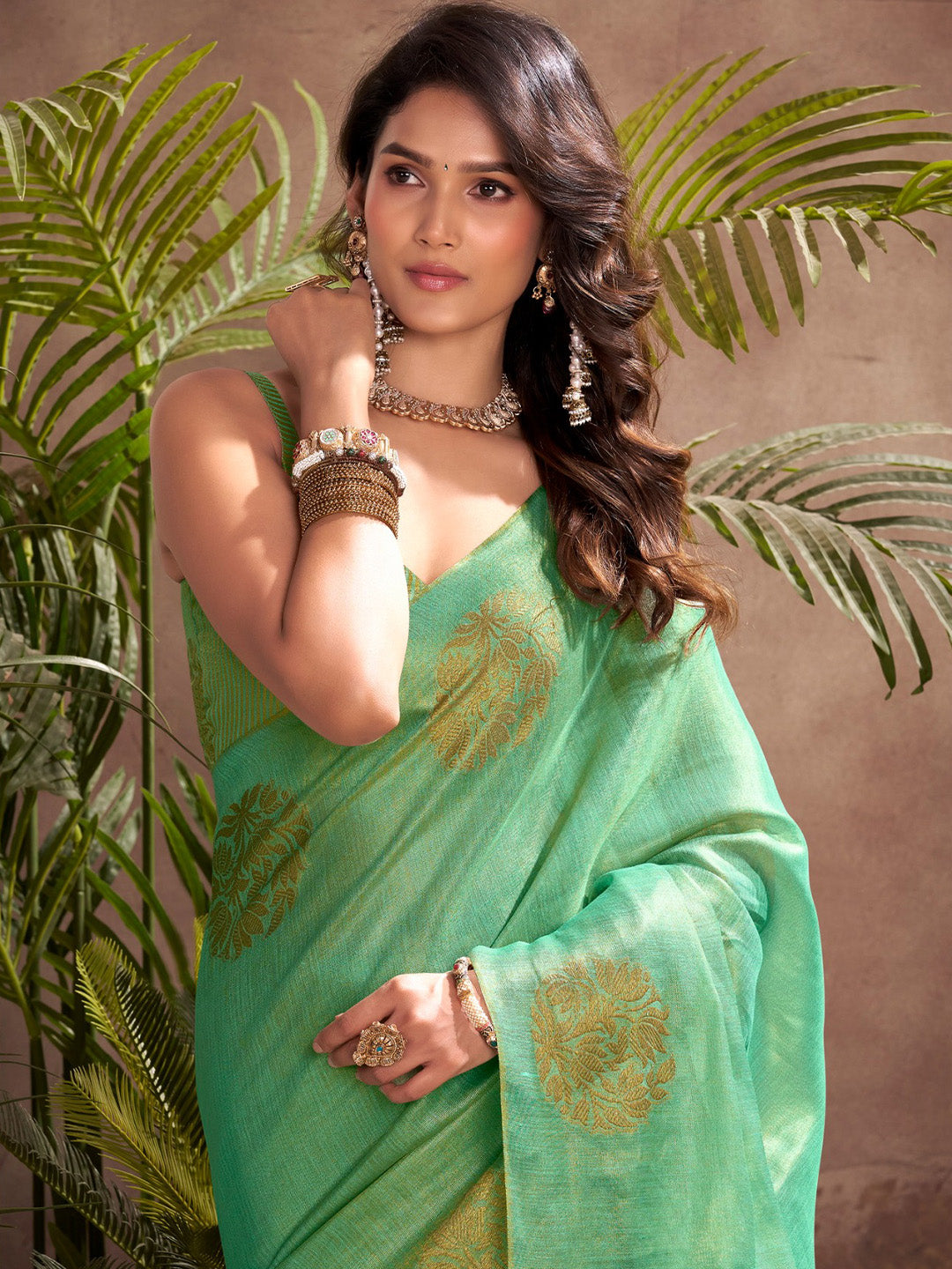 Sutriti Women Sea Green Woven Tissue Silk Saree with Mandala Motifs