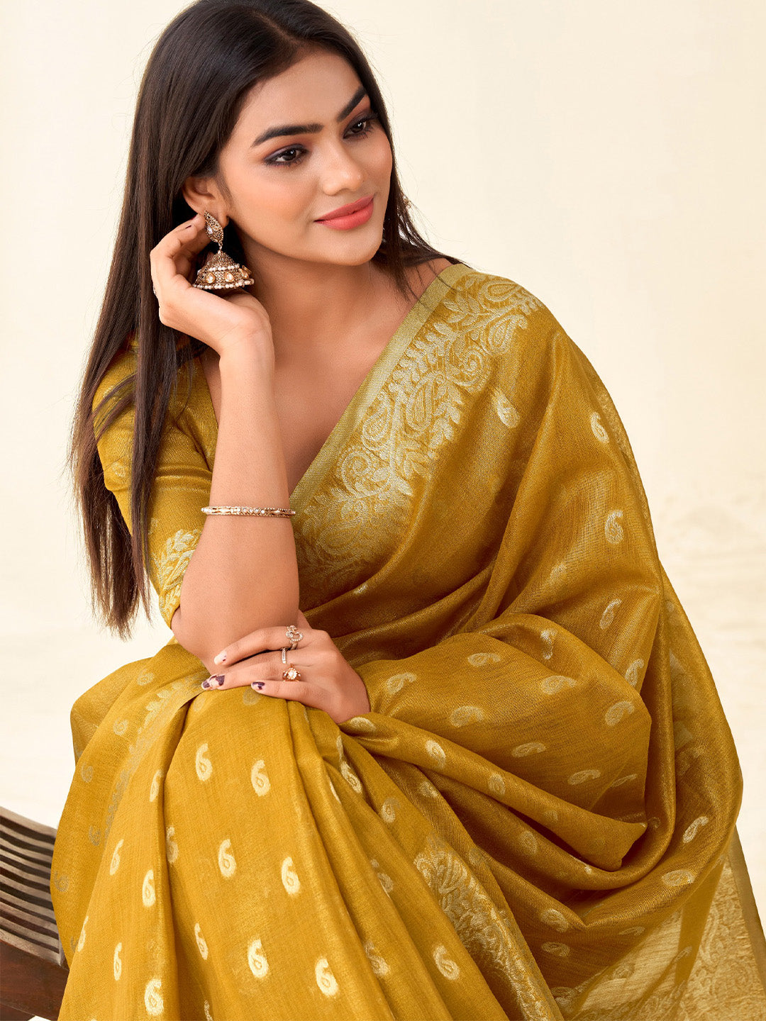Sutriti Women Mustard Yellow Woven Banarasi Tissue Silk Saree
