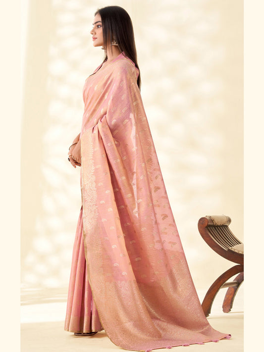 Sutriti Women Pastel Pink Woven Banarasi Tissue Silk Saree