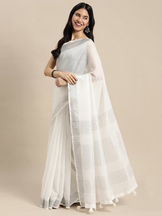 Sutriti white tissue silk silver stripe border wedding saree silver stripe collection