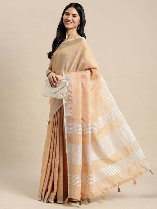 Sutriti Elegant Tan Woven Linen Saree with Contrast Zari Border & Tassels – Soft & Breathable Party Wear