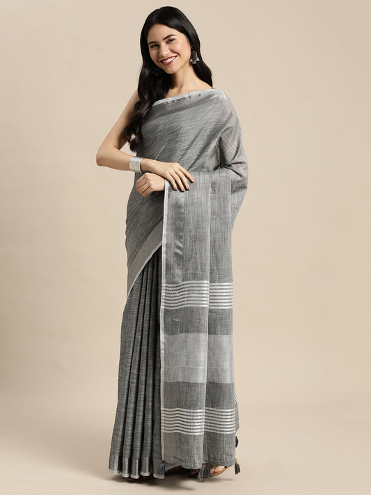 Sutriti charcoal grey tissue silk silver stripe border wedding saree silver stripe collection