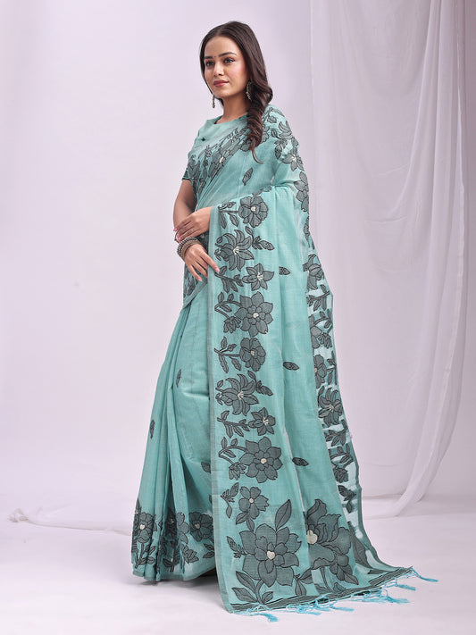 SUTRITI Sky Blue Floral Printed Saree for Women | Soft Lightweight Day-to-Night Saree | Elegant Border & Pallu Floral Design | Includes Unstitched Blouse Piece