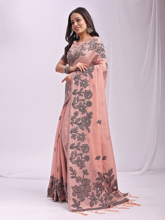 SUTRITI Light PinkFloral Printed Saree for Women | Soft Lightweight Day-to-Night Saree | Elegant Border & Pallu Floral Design | Includes Unstitched Blouse Piece
