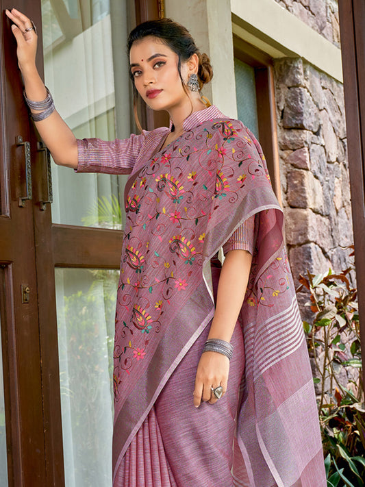 Sutriti Women Premium Linen Saree with Placement Embroidery and Tassel Pallu