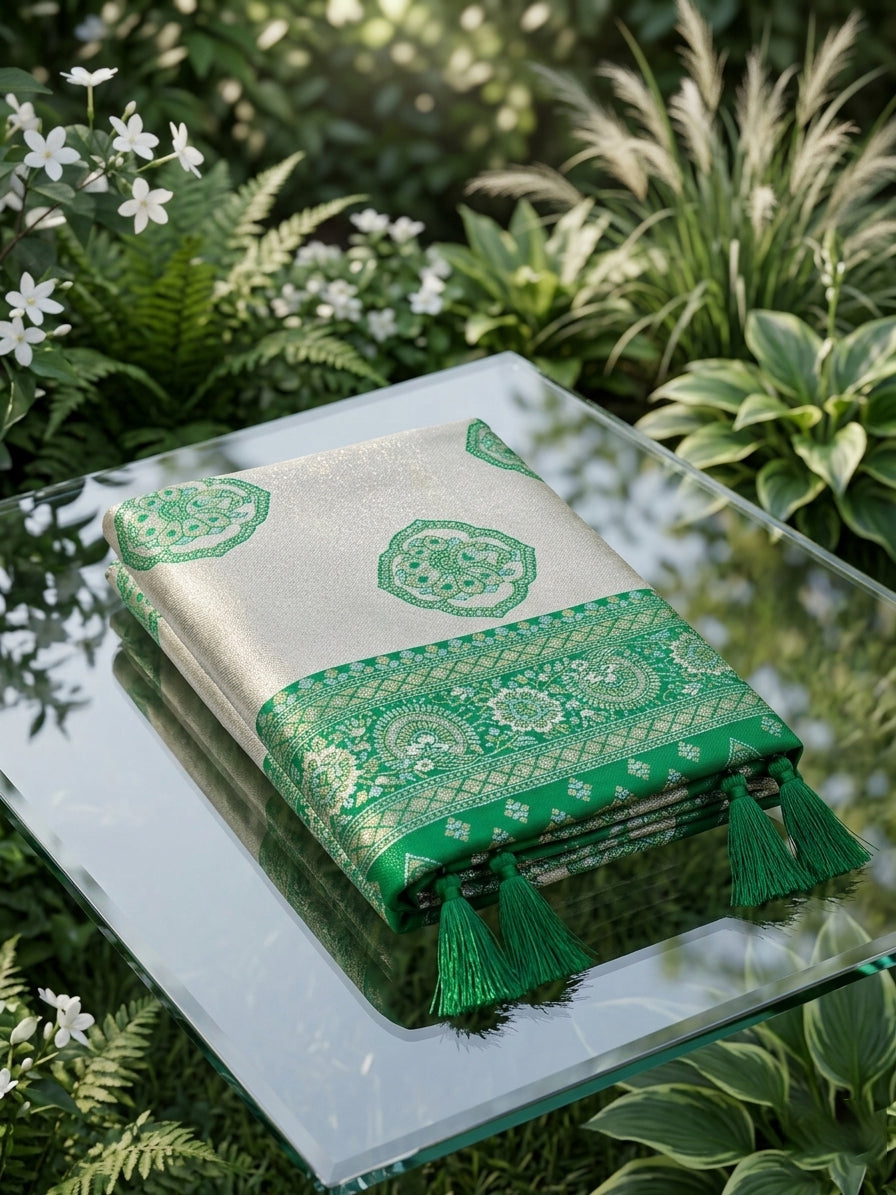 Sutriti Women's Beige Banarasi Silk Saree with Green Border | Festive Wedding PSofty Ethnic Wear