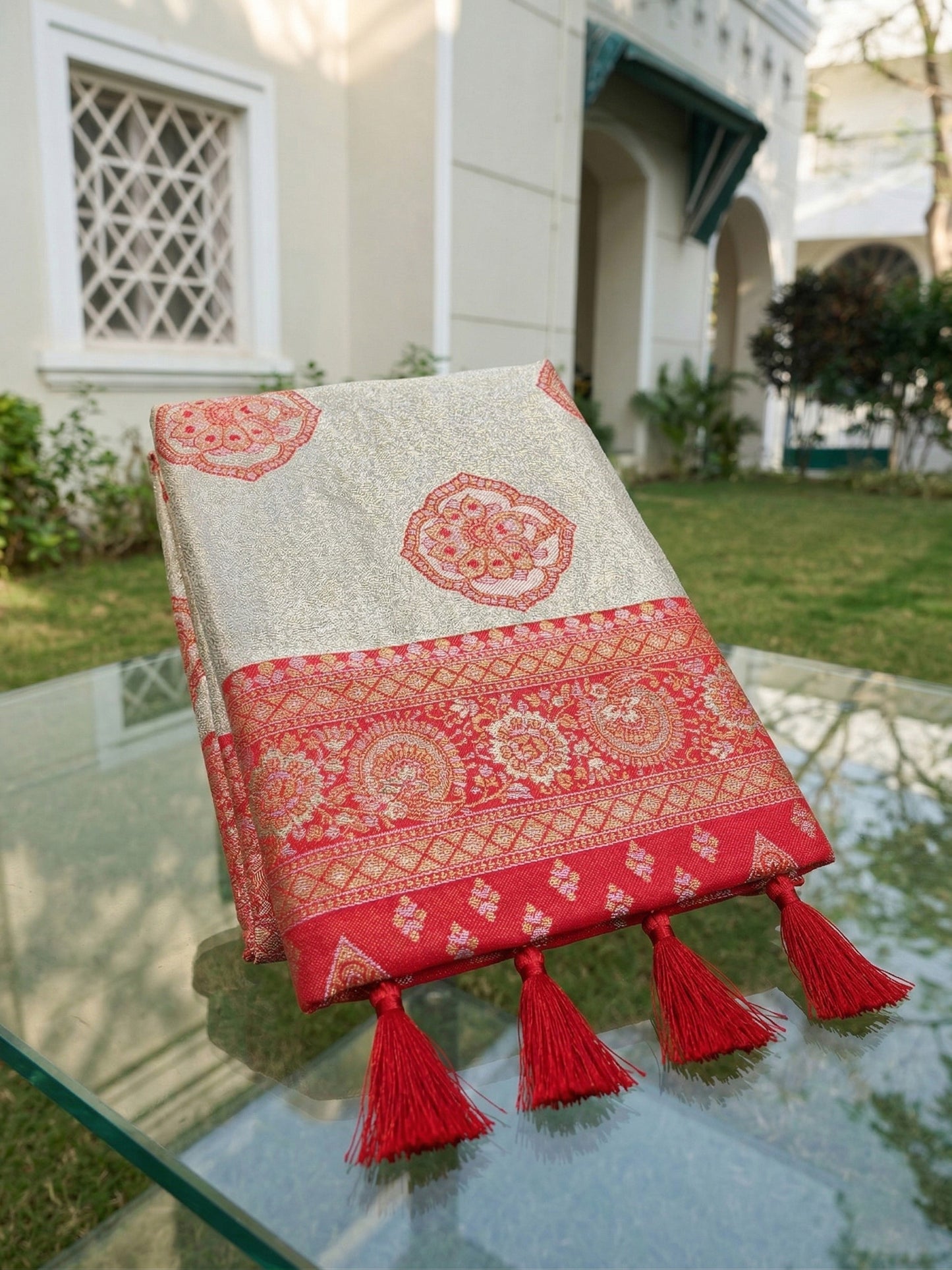 Sutriti Women's Beige Banarasi Silk Saree with Red Border | Festive Wedding PSofty Ethnic Wear