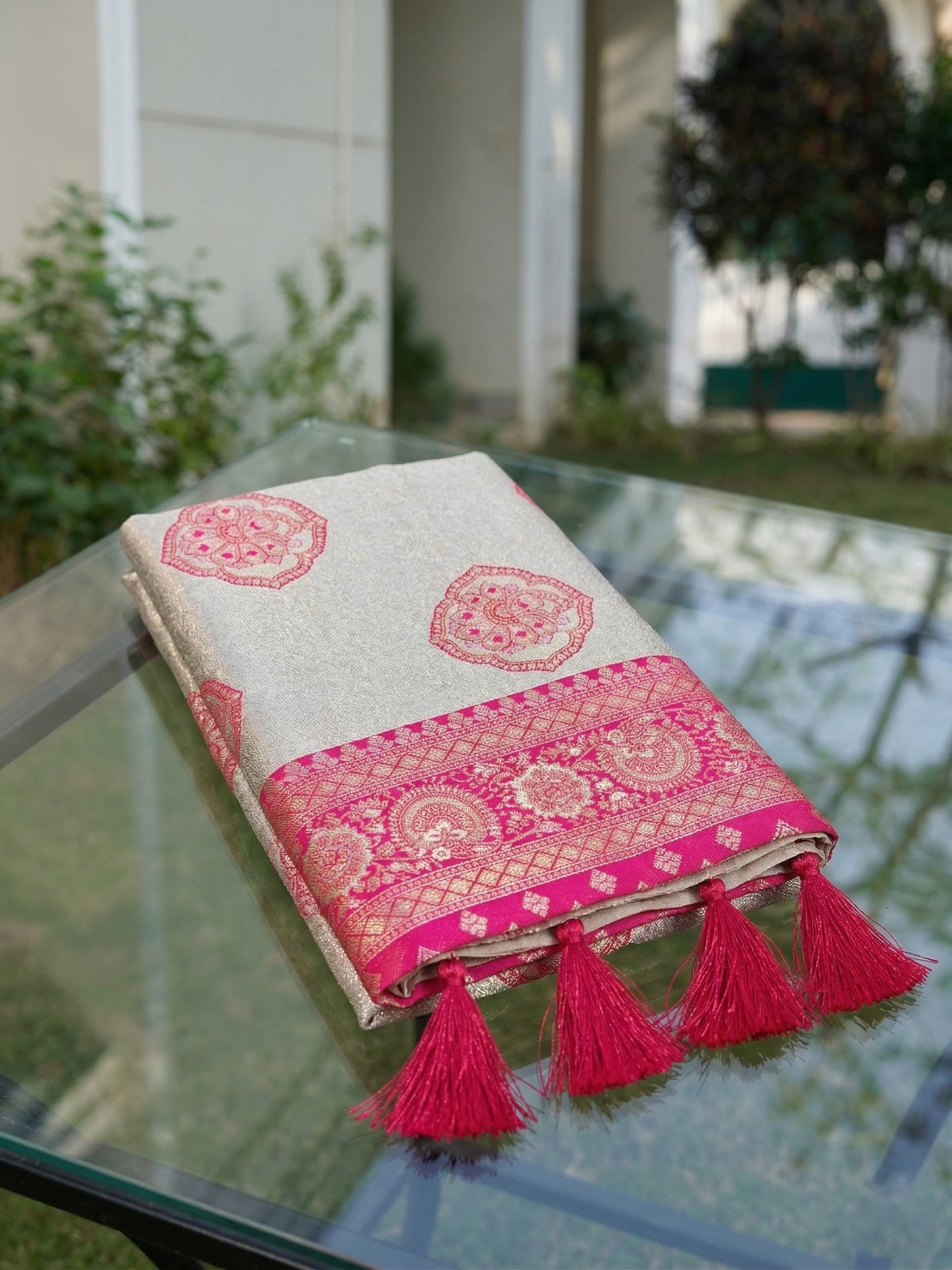 Sutriti Women's Beige Banarasi Silk Saree with Rani Pink Border | Festive Wedding PSofty Ethnic