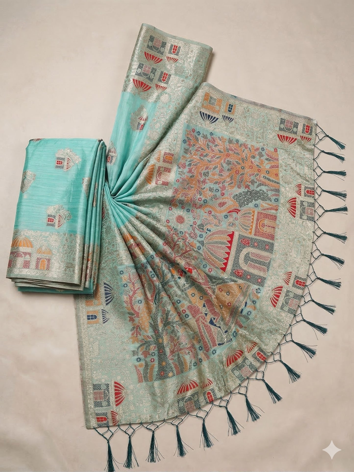 Sutriti Sea Green Woven Linen Saree with Artistic Pallu & Tassels | Festive & Party Wear Linen Saree