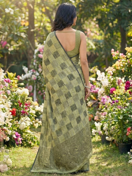 Sutriti Women Olive Green & Black Checkered Linen Blend Saree with Floral Pallu