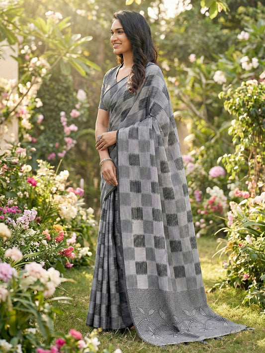 Sutriti Women Grey & Black Checkered Linen Blend Saree with Floral Pallu