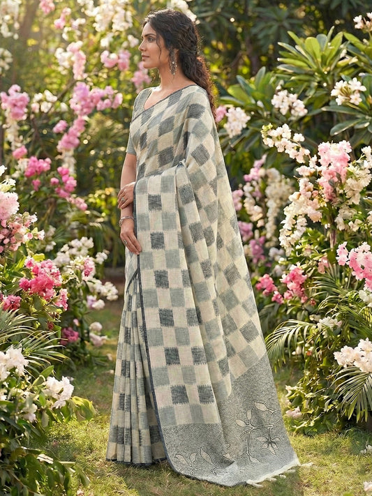 Sutriti Women Off-White & Blue Checkered Linen Blend Saree with Floral Pallu