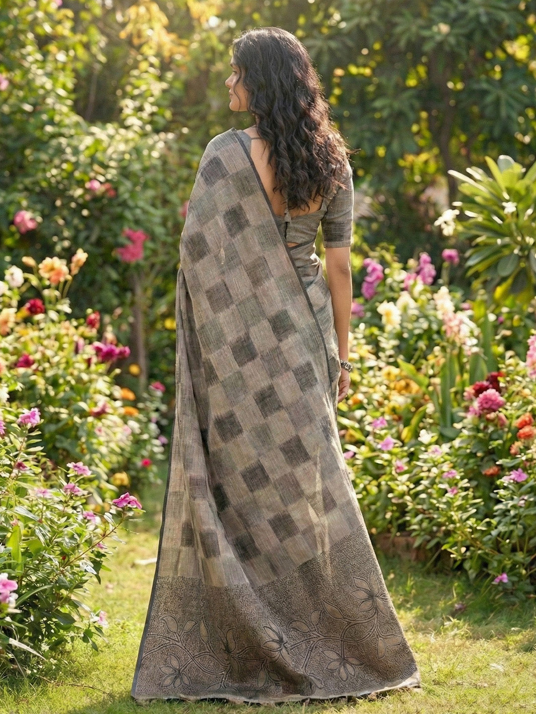Sutriti Women Taupe & Black Checkered Linen Blend Saree with Floral Pallu