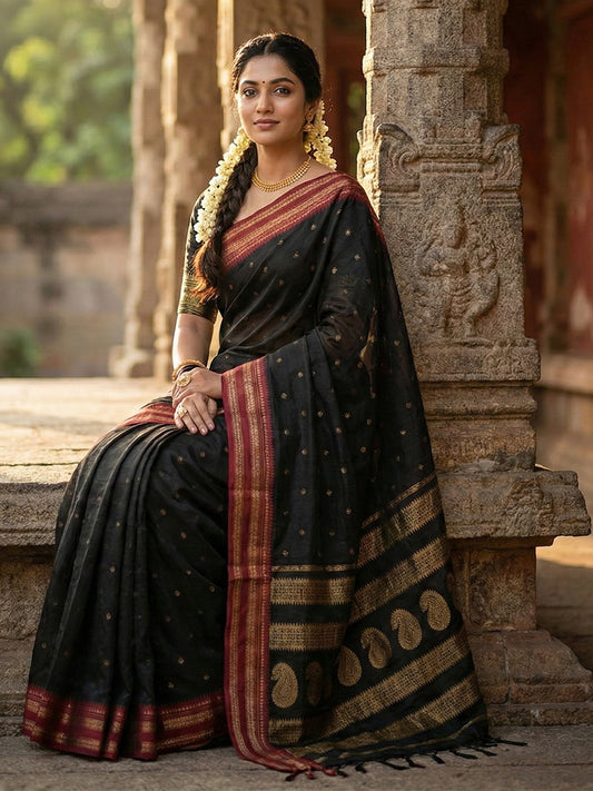 Black woven zari border silk blend saree for women with butti design and blouse piece