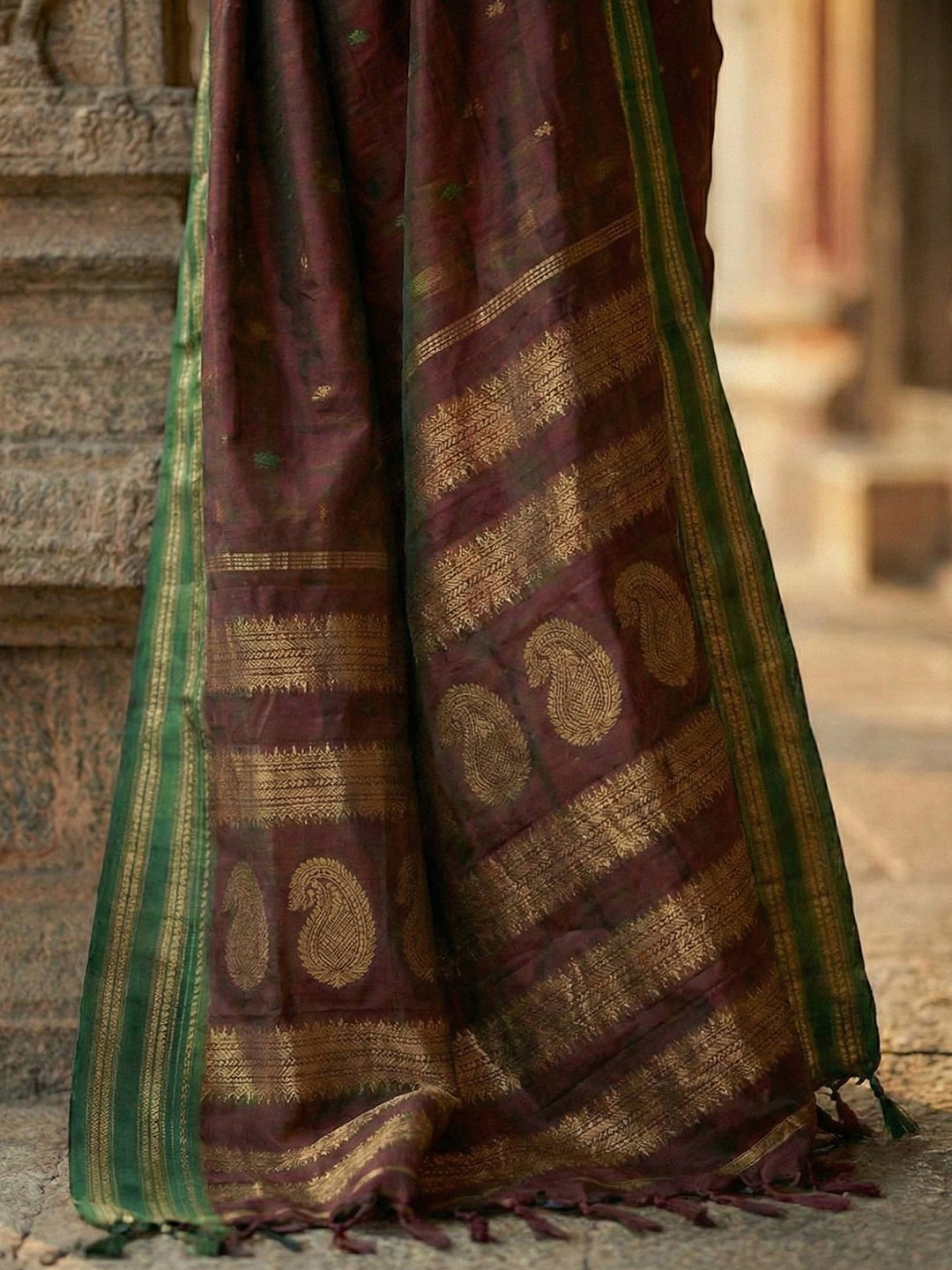 Maroon woven zari border silk blend saree for women with butti design and blouse piece