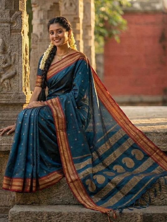 Sutriti The Peacock Hue: Teal Blue Soft Silk Saree with Contrast Red Zari Border