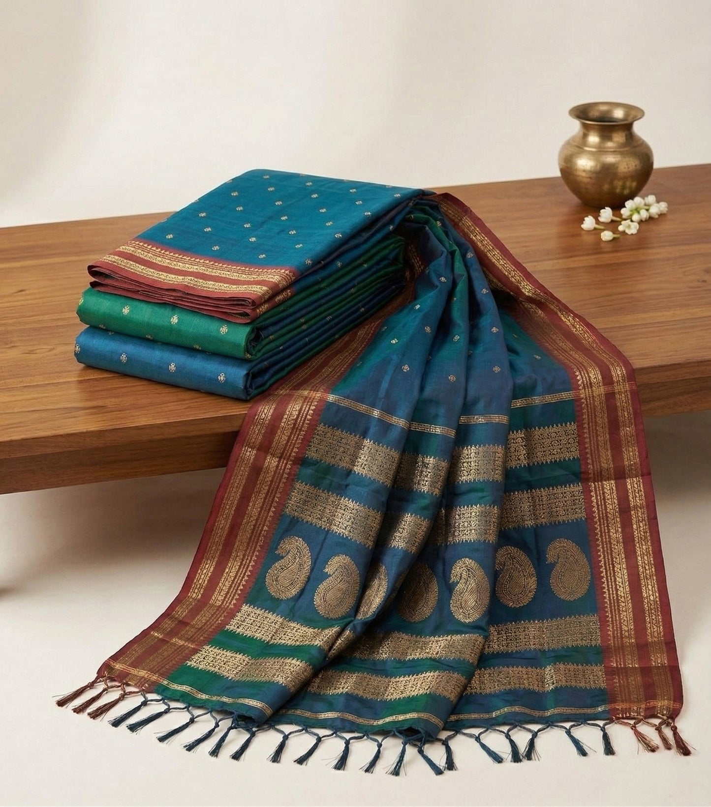 Sutriti The Peacock Hue: Teal Blue Soft Silk Saree with Contrast Red Zari Border