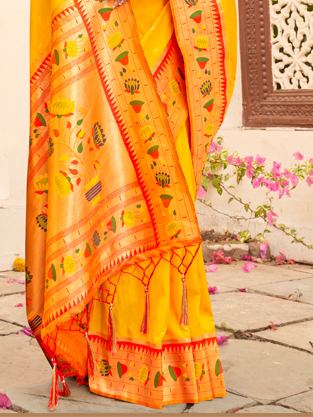 Sutriti Majestic Yellow Paithani Silk Saree with Royal Floral Zari Pallu | Festive & Bridal Edition