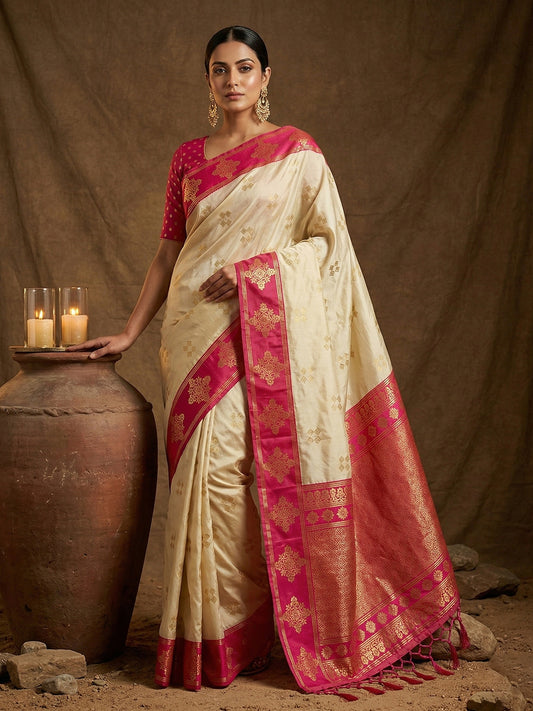 Sutriti Cream Banarasi Soft Silk Saree for Women Festive Wedding Ethnic Saree