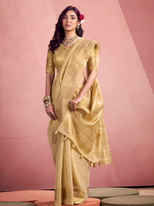 Sutriti Women Golden Beige Woven Tissue Silk Saree with Mandala Motifs