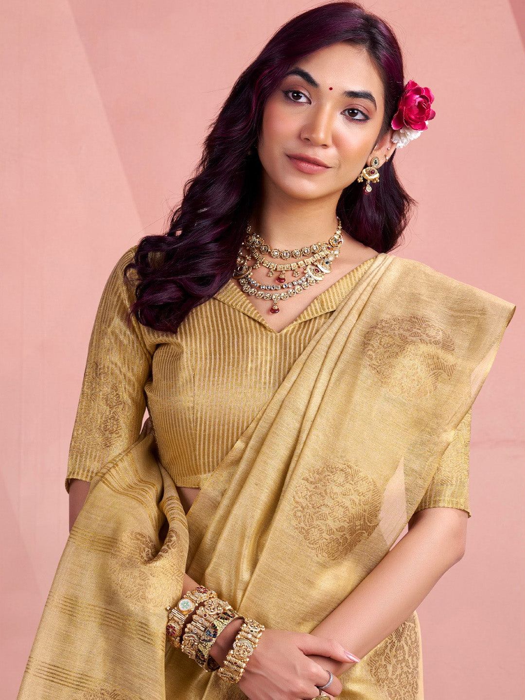 Sutriti Women Golden Beige Woven Tissue Silk Saree with Mandala Motifs