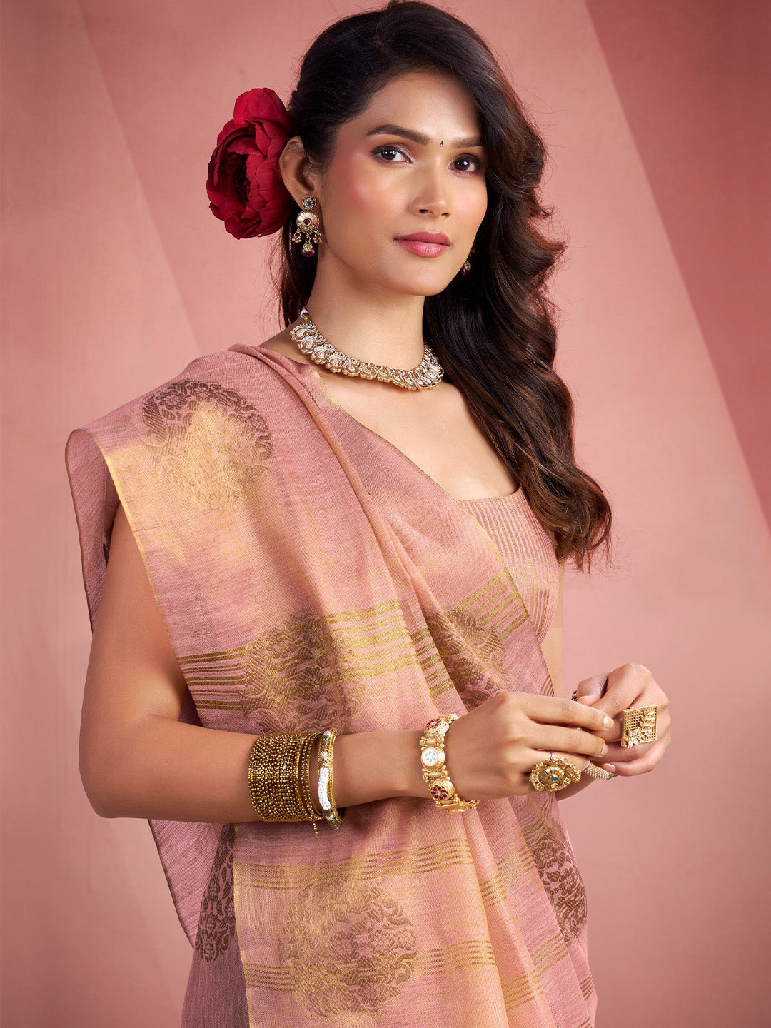 Sutriti Women Peach & Gold Woven Tissue Silk Saree with Mandala Motifs