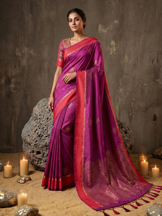 Sutriti Magenta Soft Silk Saree for Women with Red Blouse Wedding Party Wear